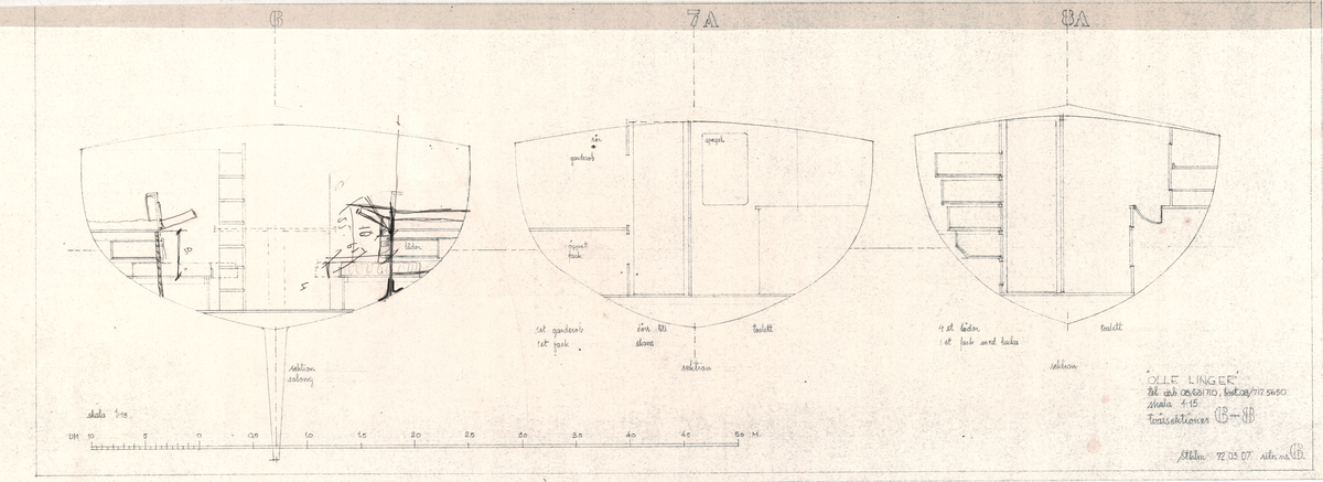 Ritning till Olle Linger, kopia med anteckningar i bläck. Tvärsektionr 6, 7 och 8, ritningsnummer 6.