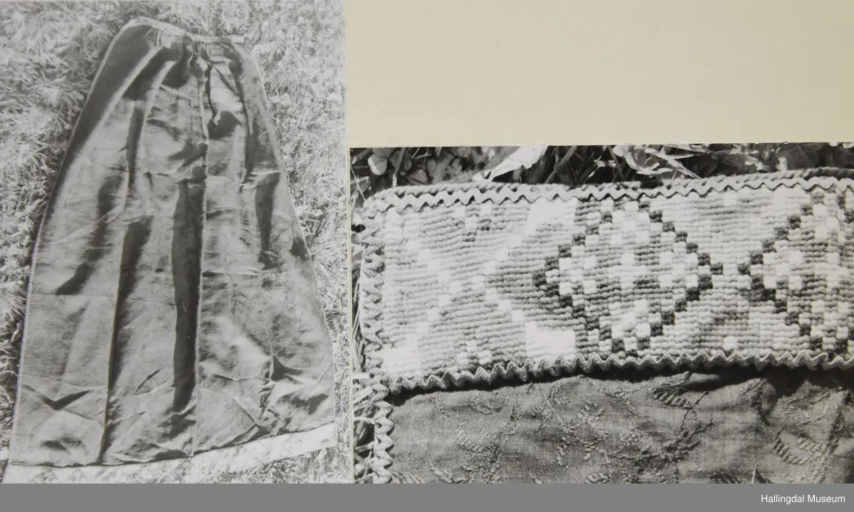 Forkledet er av svart, tunn damask, blomemønster. I sidene blå, smale kroklisser. Rynka øvst med list av bolu (svart fløyelsband med blomemønster i raudfiolett, grønt og litt blått). Ved rynkinga og lista er det på innsida fora med bomullsty, toskaft, rutut i raudt og kvitt. Nedst på forkledet eit band, sauma på stramei med ullgarn i 2 raudfargar, rosa, blått, blågrønt, litt lys blått, grønt, gult, fiolett, svart og kvitt. Geometrisk mønster. Blå, smale kroklisser både på overkanten og nedrekanten på bandet. Tvinna slitesnor av raudt ullgarn nedst.