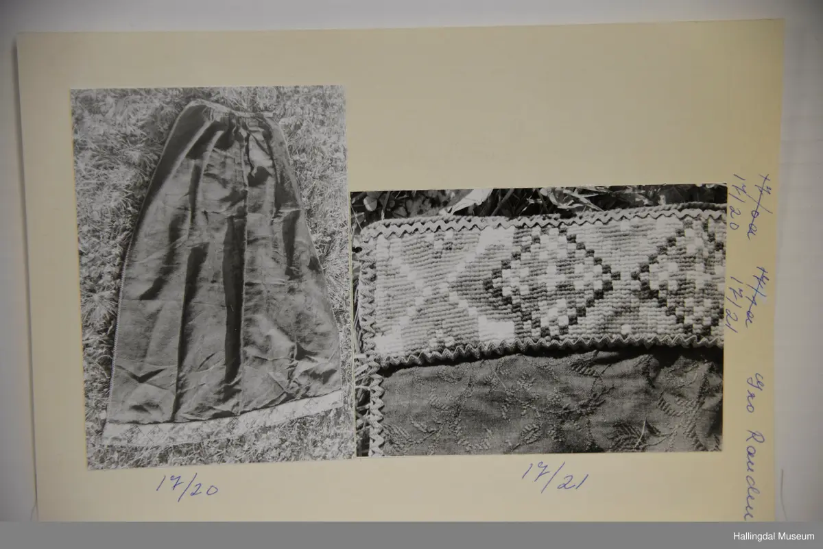 Forkledet er av svart, tunn damask, blomemønster. I sidene blå, smale kroklisser. Rynka øvst med list av bolu (svart fløyelsband med blomemønster i raudfiolett, grønt og litt blått). Ved rynkinga og lista er det på innsida fora med bomullsty, toskaft, rutut i raudt og kvitt. Nedst på forkledet eit band, sauma på stramei med ullgarn i 2 raudfargar, rosa, blått, blågrønt, litt lys blått, grønt, gult, fiolett, svart og kvitt. Geometrisk mønster. Blå, smale kroklisser både på overkanten og nedrekanten på bandet. Tvinna slitesnor av raudt ullgarn nedst.