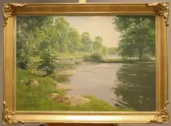 Sommarlandskap med vattendrag [Oljemålning]