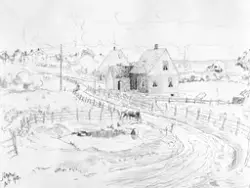 Ravneveien 4 på Evje i Rolvsøy. Tegning av Larsson 1922. Kua