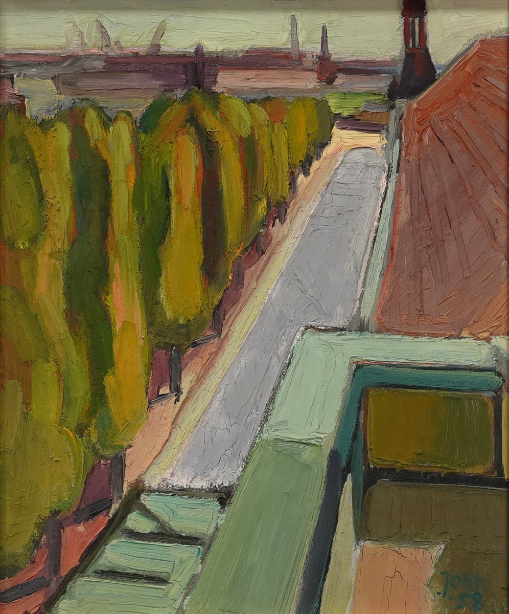 Stadsmotiv som visar utsikt över Landskrona med hustak och Järnvägsgatan till höger i bild och Teaterparken till vänster i bild. I bakgrunden silhuett av hamnen.