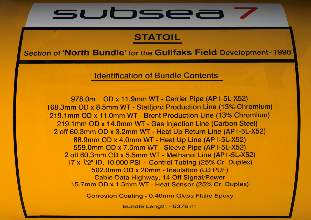 Utstillingsmodell bestående av flere rør som er buntet sammen innvendig i et større rør. Modellen er identisk med rørbunt som ble tatt i bruk på havbunnen på Gullfaks Sør i 1998.