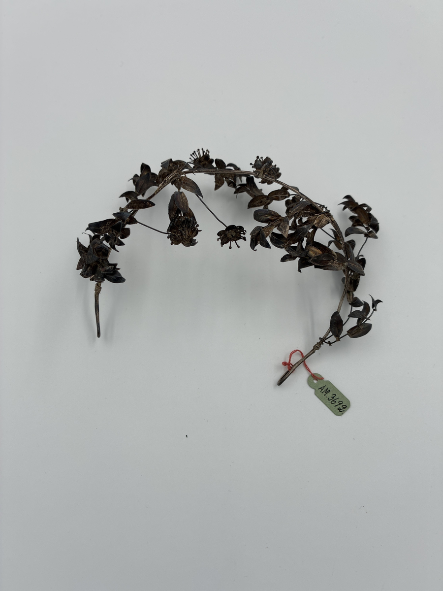 Diadem av silver med blommor och blad.