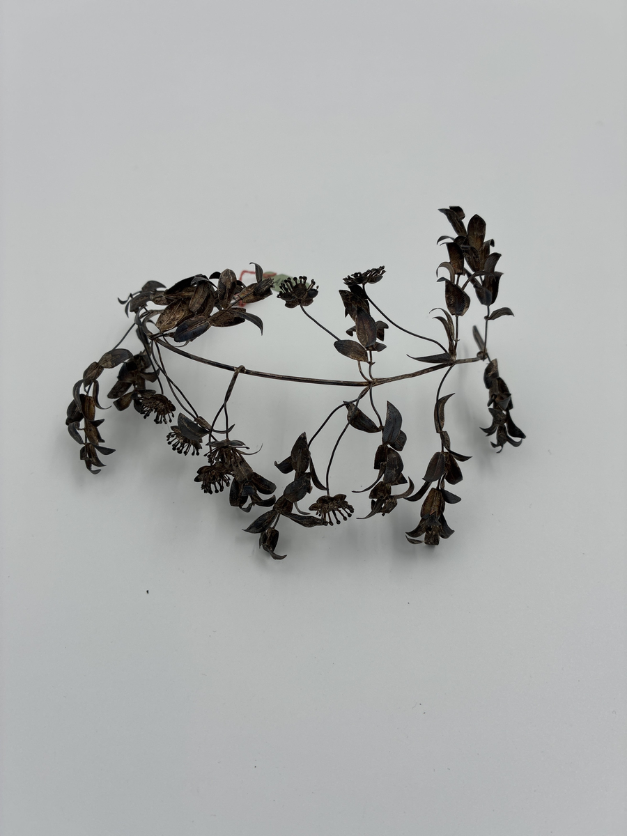 Diadem av silver med blommor och blad.