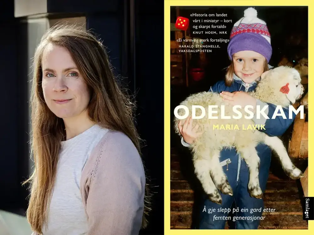 portrettfoto av Maria Lavik med lys genser framom ei bygning, og omslaget til boka Odelsskam