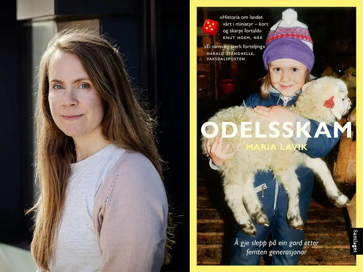 portrettfoto av Maria Lavik med lys genser framom ei bygning, og omslaget til boka Odelsskam