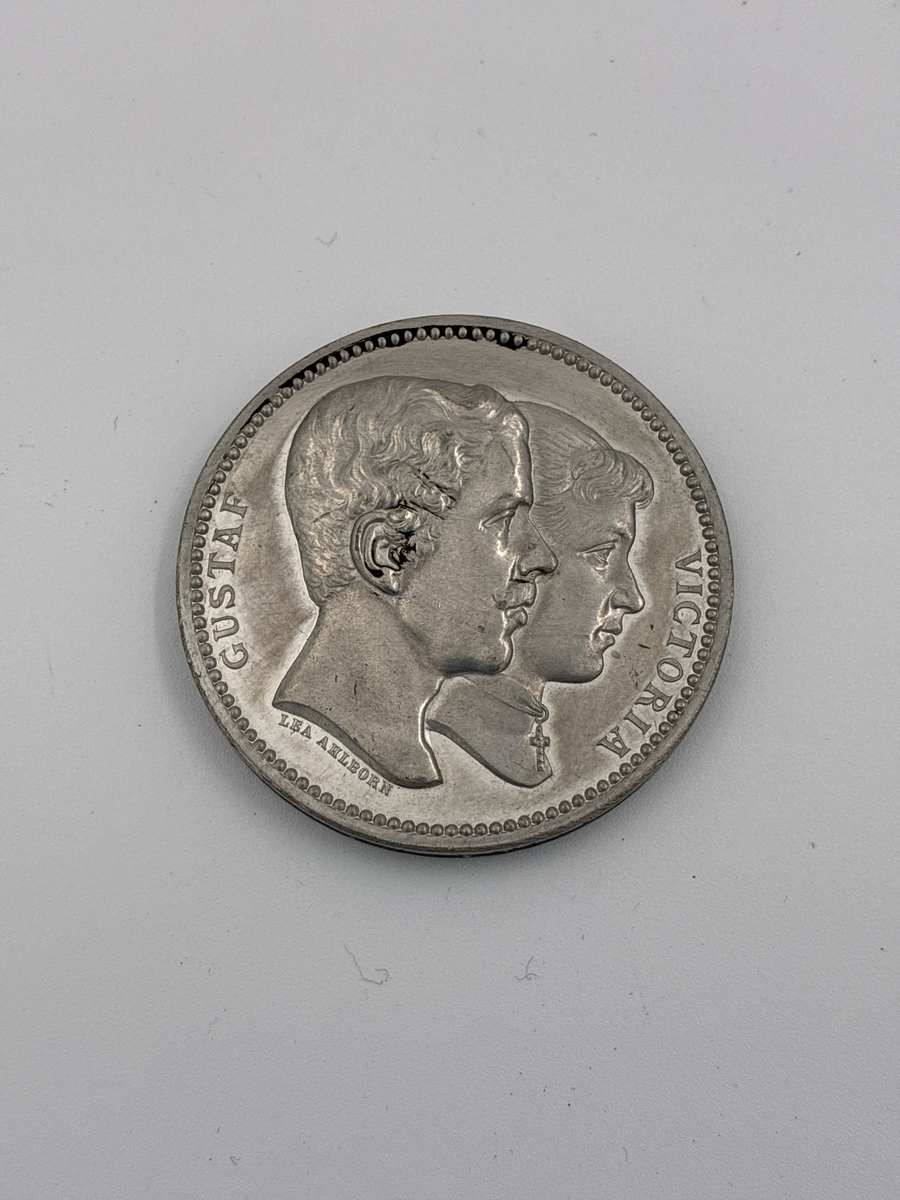 Minnesmedalj av silver. 
På ena sidan står det Gustaf och Viktoria samt deras porträtt i profil. 
På andra sidan står det "Den 20 sept. 1881", datumet för deras giftermål. Samt deras respektive vapensköldar. 
Myntet är signerat Lea Ahlborn som var statiligt anställd som mynt- och medaljgravör 1855-1897.
