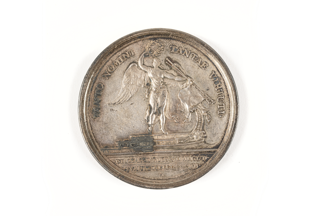 Åtsida: Porträtt av hertige Carl.
Frånsida: Fredsgudinnan på en galärstäv.