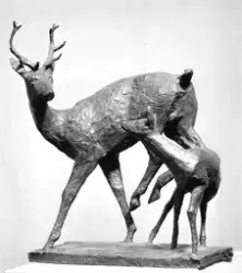 Kronhjort i sprang [Skulptur]