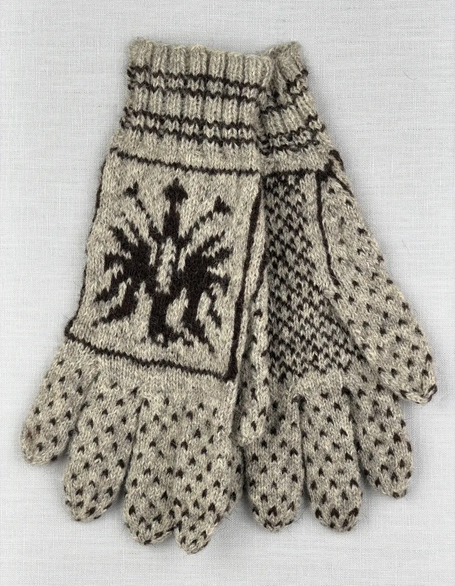 En stickad fingervante, med randig mudd i 2-2 resår (2 räta och 2 aviga maskor) och mönsterstickad vante i slätstickning, av 2-trådigt ullgarn. Framsidan är dekorerad med ett motiv föreställande Värmlandsgripen.