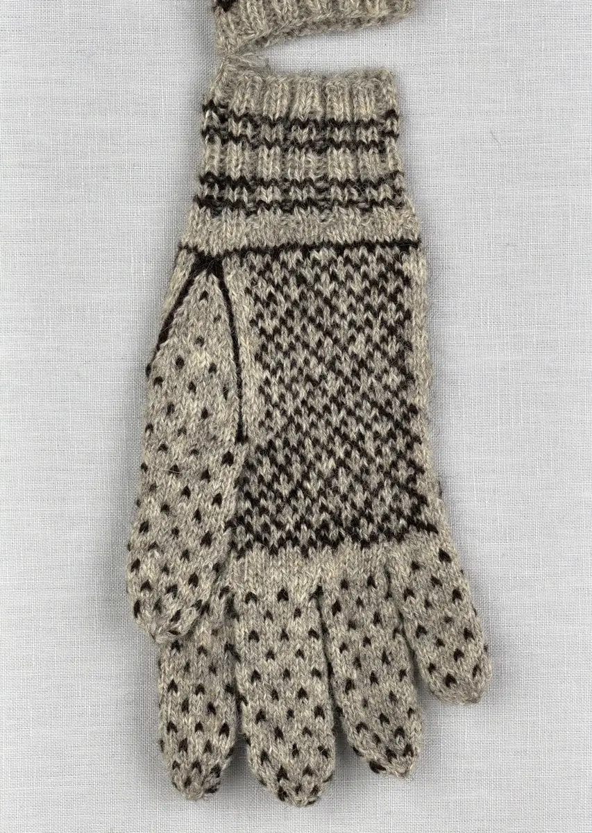 En stickad fingervante, med randig mudd i 2-2 resår (2 räta och 2 aviga maskor) och mönsterstickad vante i slätstickning, av 2-trådigt ullgarn. Framsidan är dekorerad med ett motiv föreställande Värmlandsgripen.