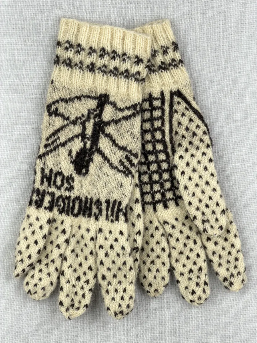 En stickad fingervante, med mönstrad mudd i 2-2 resår (2 räta och 2 aviga maskor) och mönsterstickad vante i slätstickning och aviga maskor, av 2-trådigt ullgarn. Framsidan är dekorerad med ett motiv föreställande Nils Holgerson sittande på en flygande gås.