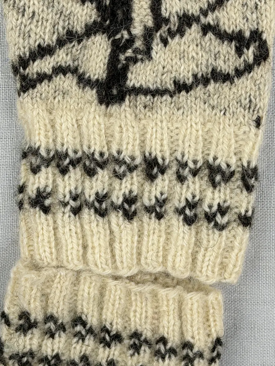 En stickad fingervante, med mönstrad mudd i 2-2 resår (2 räta och 2 aviga maskor) och mönsterstickad vante i slätstickning och aviga maskor, av 2-trådigt ullgarn. Framsidan är dekorerad med ett motiv föreställande Nils Holgerson sittande på en flygande gås.