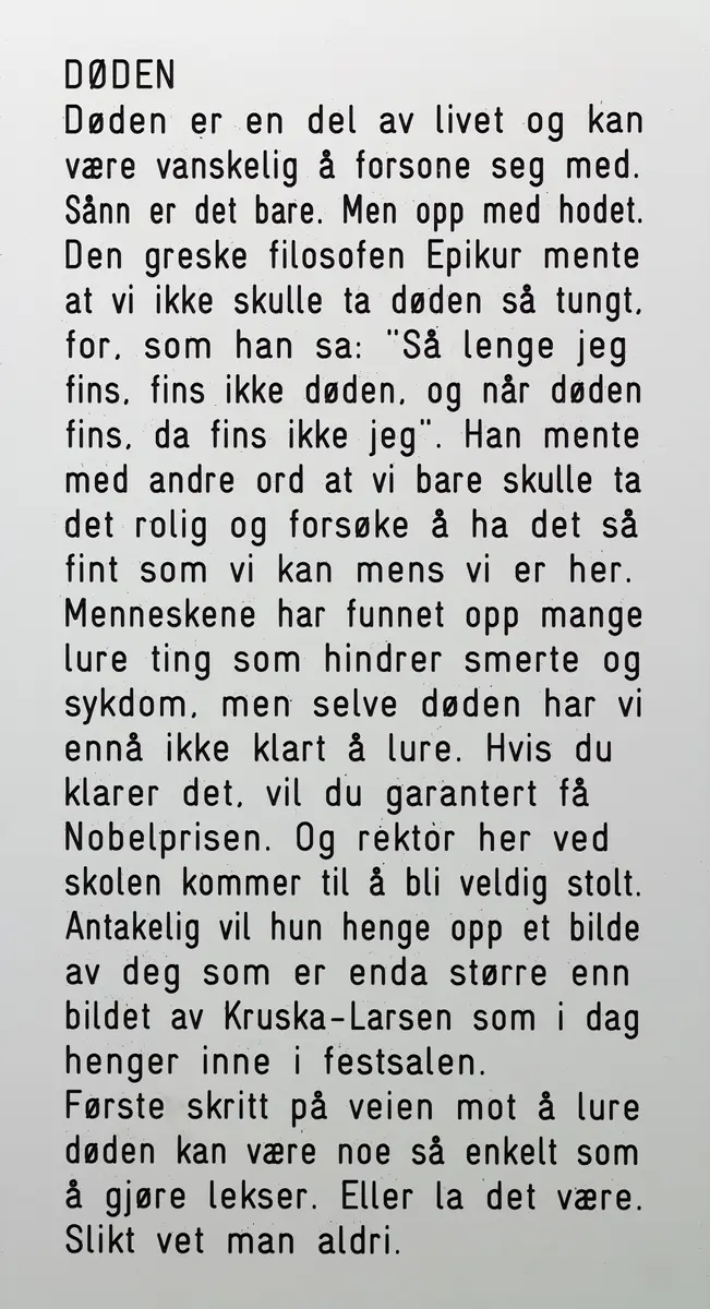 Stort dødningeholde med tilhørende tekst om Døden.