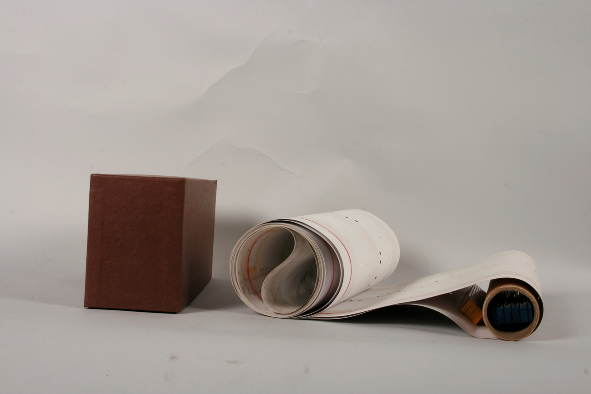 Rull, 25 cm bredde, med 30 spor for mekanisk avlesning.
NB! rullen er sammensatt, slik at der ikke er start/stop, men at rullen går i en loop, og kan spilles i det uendelige!