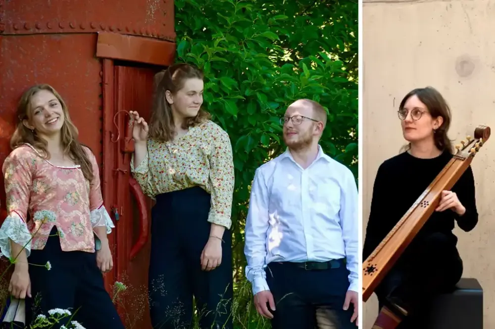 Bilde av tre kvinner og en mann med musikkinstrumenter.