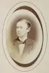En man i mörk tweedkavaj, stärkkrage och fluga.
Bröstbild, halvprofil. Ateljéfoto.
Borgmästare Carl Brink (1844-1926), Lund. Gift 1:o 1878 med Louise Weidenhielm (1851-1902).