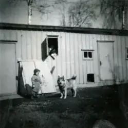 Pojken Lennart Berndtsson och en hund står på en gårdsplan i