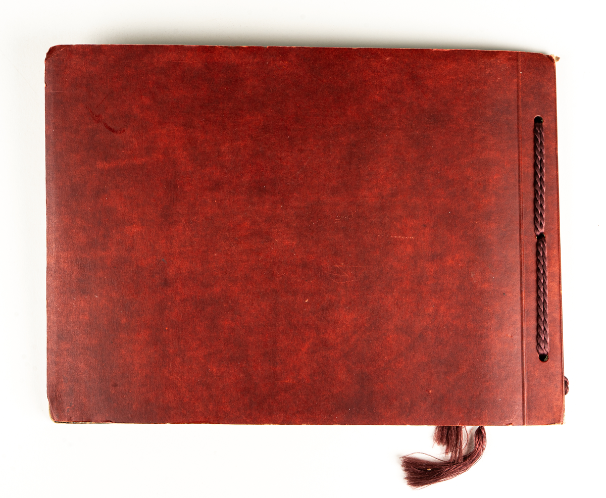 Fotoalbum med röda pärmar med mönster av en gren med barr och kottar. Mörkröd snodd i ryggen. Albumet innehåller foton och vykort med motiv från Bollnäs 1924.