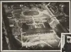 Denna flygfoto visar området för jubileumsutställningen i Göteborg 1923. Här syns området för lantbruks-, luftfarts- och trädgårdsutställningen på Heden med travbanan i övre bildkant.