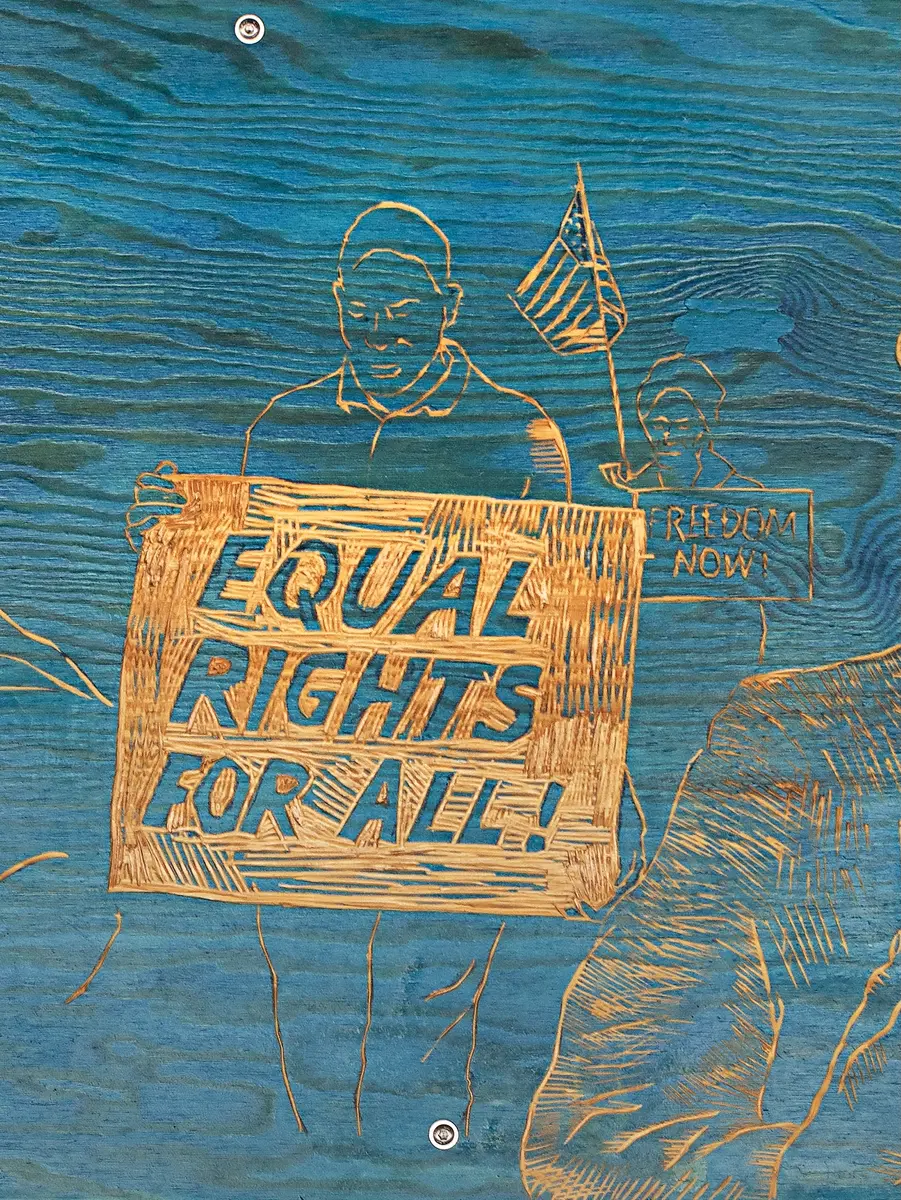 Mahatma Gandhi. Borgerrettsbevegelsen representert ved Martin Luther King og Rosa Park.