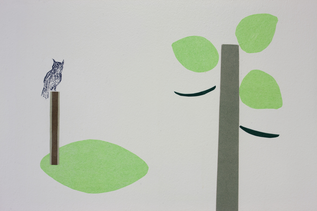 Trær, fugler, insekt, kronhjort og måne.