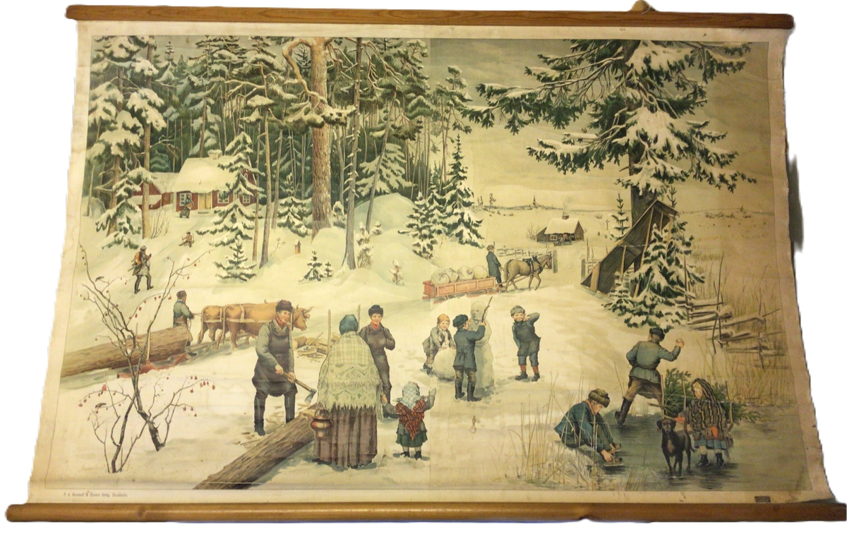 Motivet syner eit vinterlandskap, tømmerkjøring med hest og oksar, jeger, born som leikar, skog og hus .