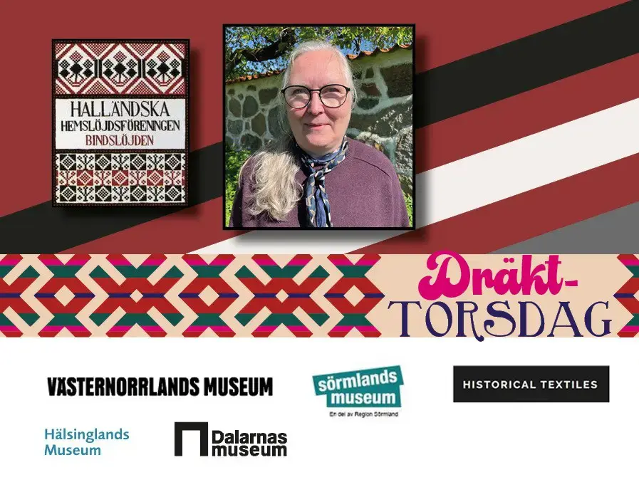 Porträtt av kvinna med bakgrund av olika mönster samt olika loggor.