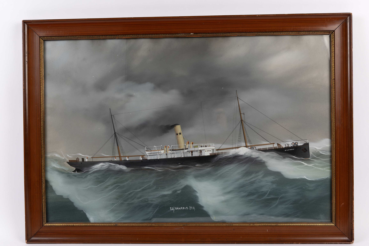 Skipsportrett av DS VANADIS under fart i høy sjø. Fører ingen vimpler eller flagg.