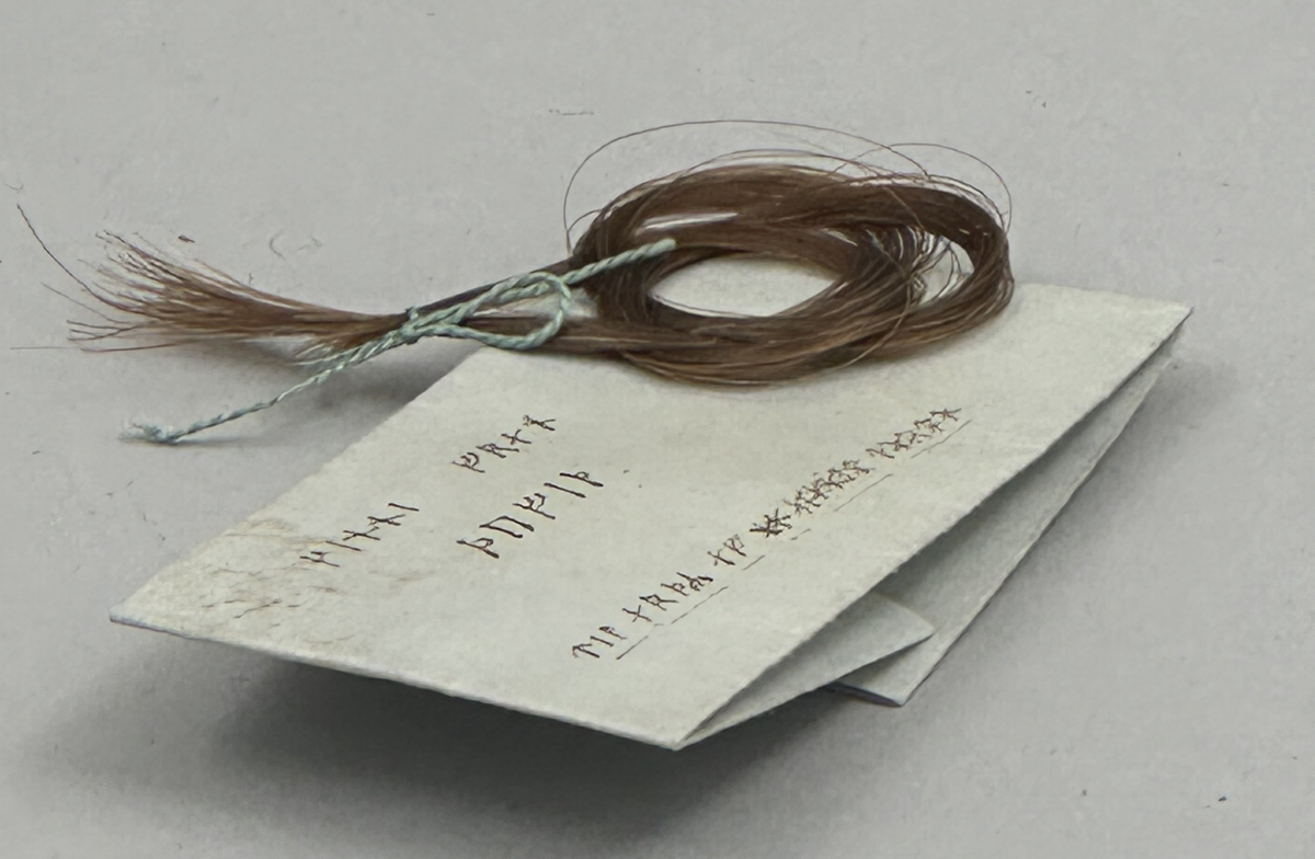En delvis flätad brun hårlock omknuten med ljusblått snöre. Ett vikt papper med påskrift i bläck i runskrift. 