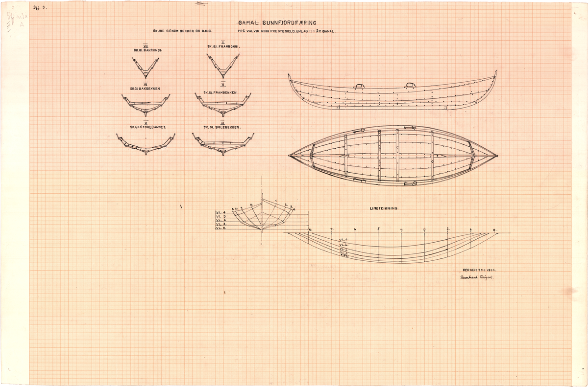 Gamal færing frå Valvik, Kinn. Teikning av skrog, skurd og lineteikning.