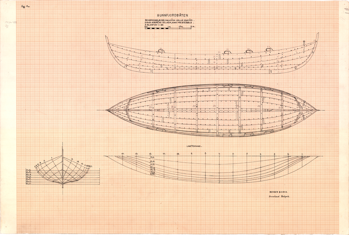 Seksrøding bygd i Haukåna, Kinn. Teikning av skrog og lineteikning.
Målestokk 1:20