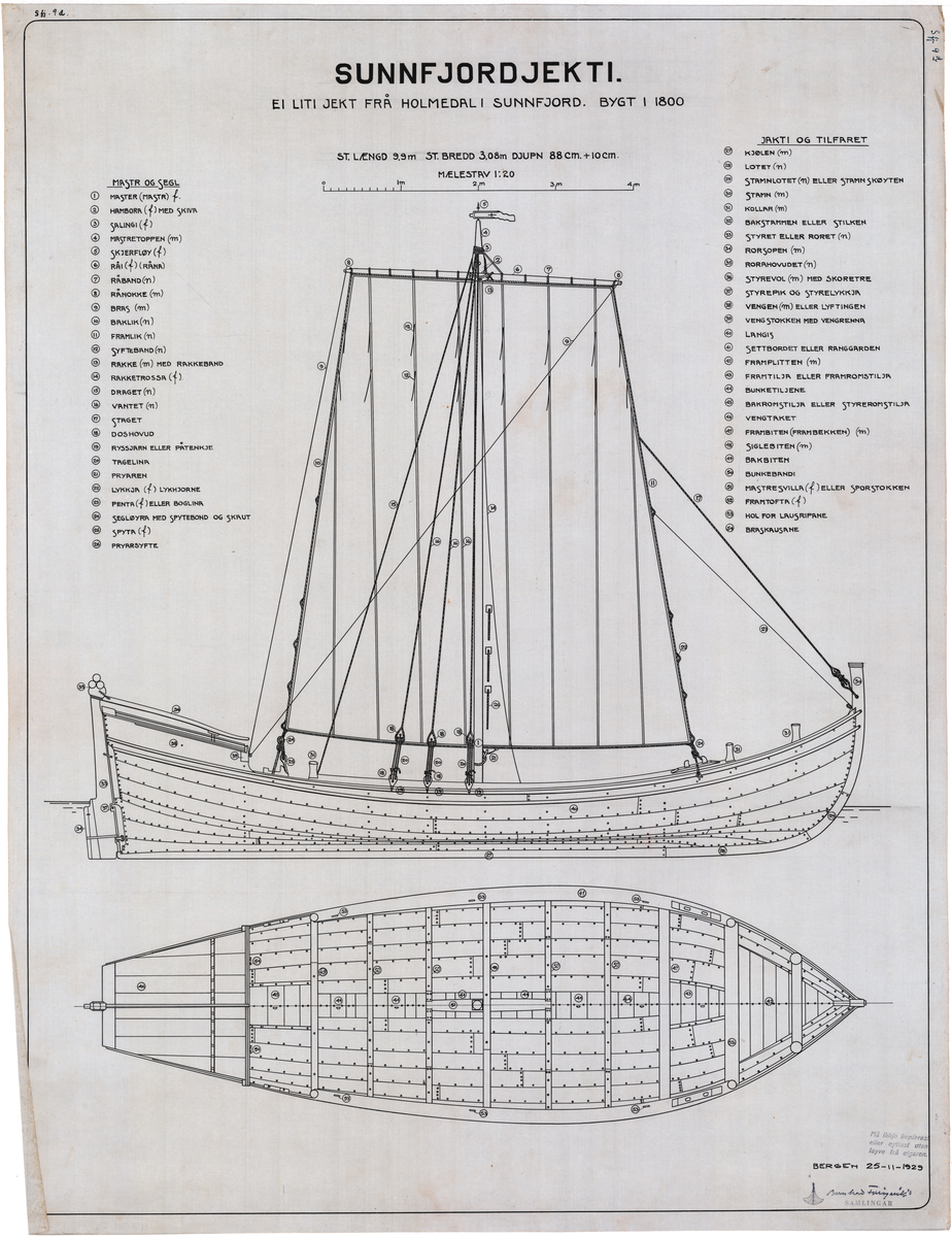 Sunnfjordjekta. Teikning av skrog og segl. Namnelister over mast og segl, båt og tilfar.
Målestokk 1:20