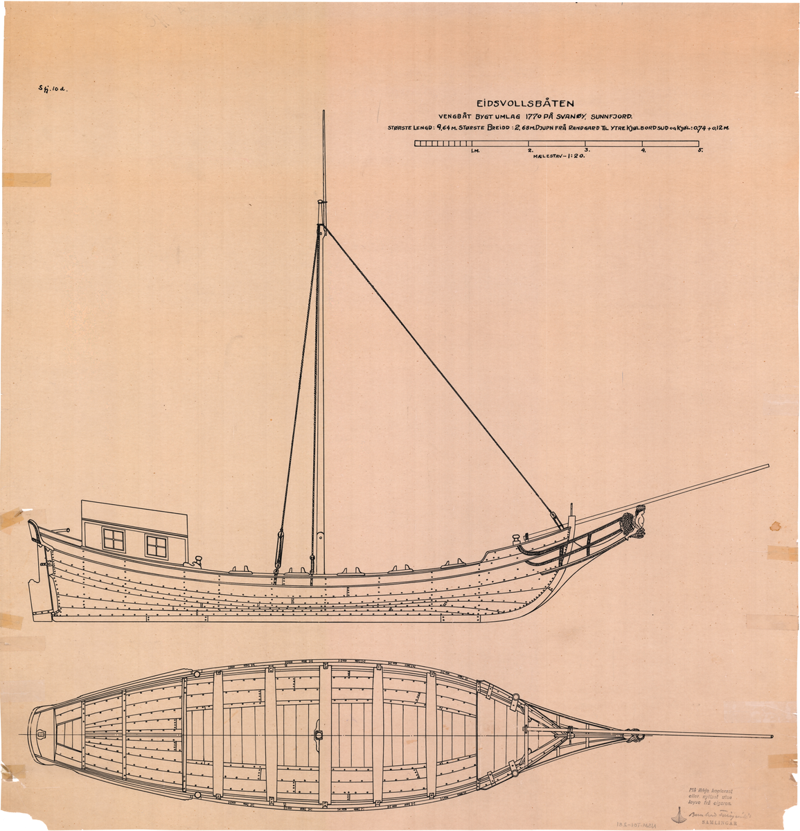 Eidsvollbåten. Tegning av skrog og rigg.
Målestokk 1:20