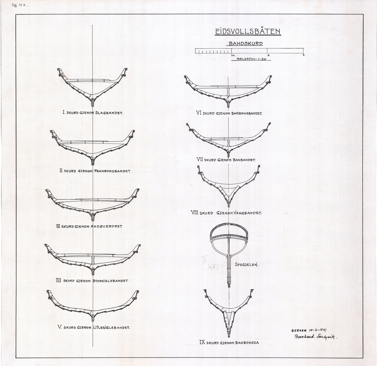 Eidsvollbåten ca 1770. Teikning av bandskurd.
Målestokk 1:20