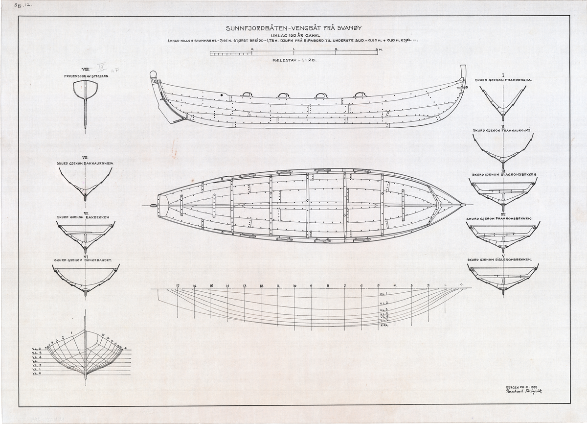 Vengbåt frå Svanøy, Sunnfjord, bygd omtrent år 1780. Teikning av skrog, skurd og liner.
Målestokk 1:20