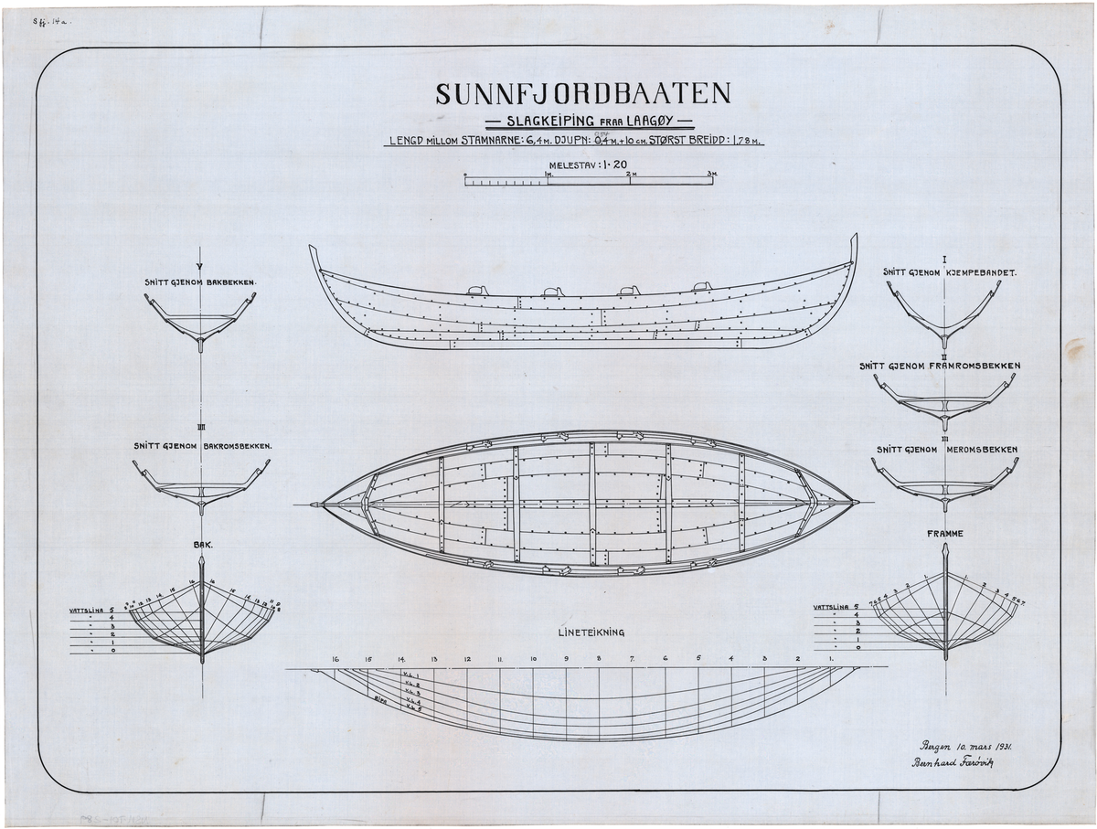 Slagkeiping fra Lågøy, Sunnfjord. Teikning av skrog, skurd og liner.
Målestokk 1:20