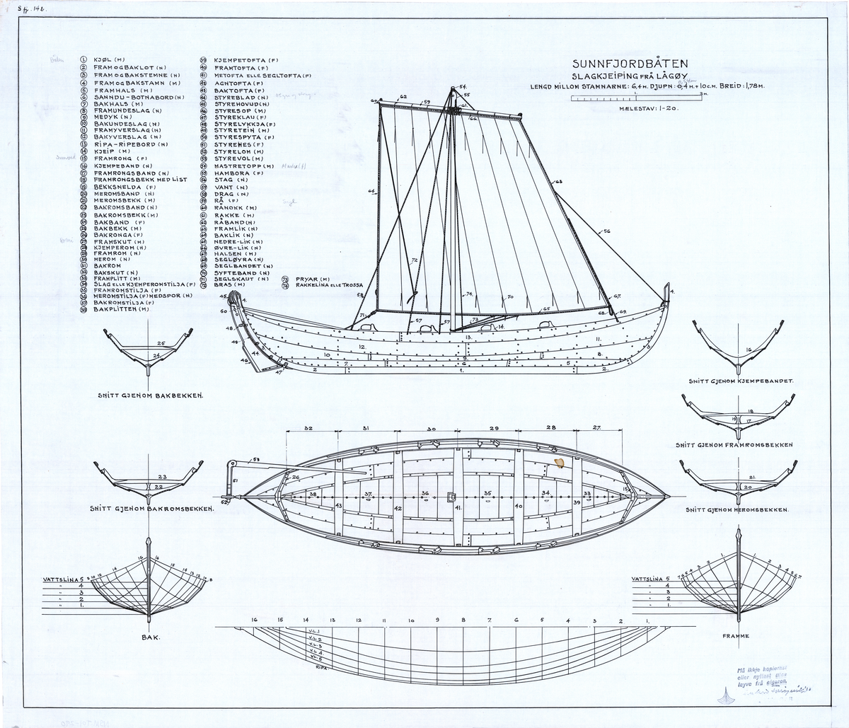 Slagkeiping frå Lågøy, Sunnfjord. Teikning av skrog, skurd og liner og segl. Med ordliste.
Målestokk 1:20