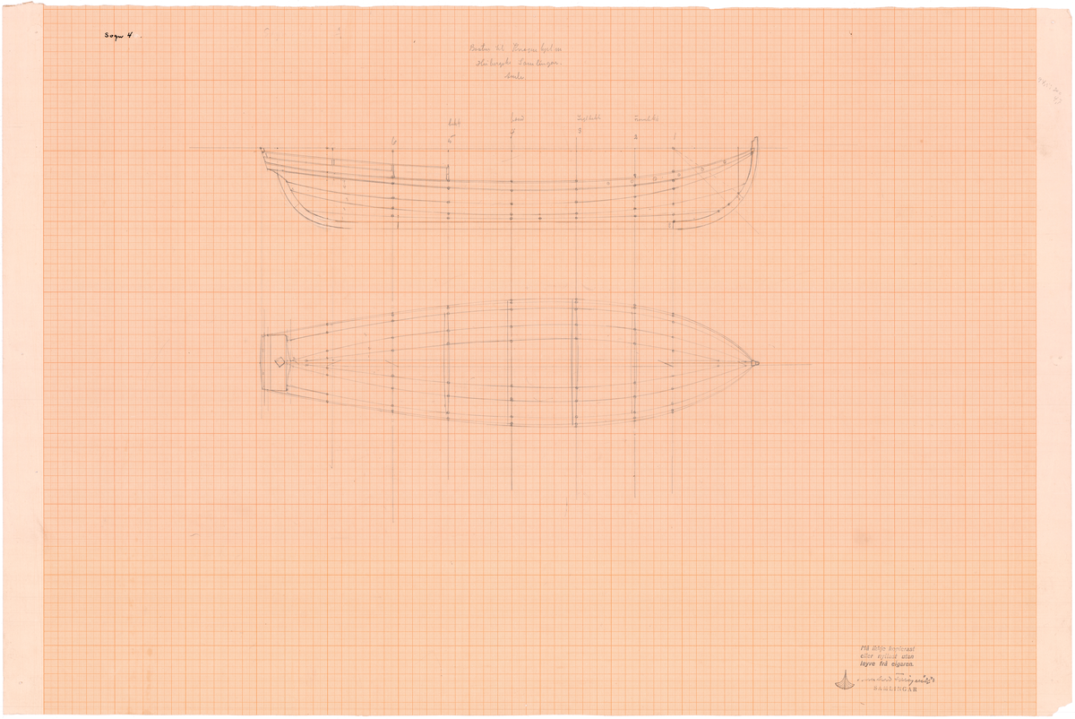 Vengbåt, teikning av skrog sett ovanfrå og frå sida.