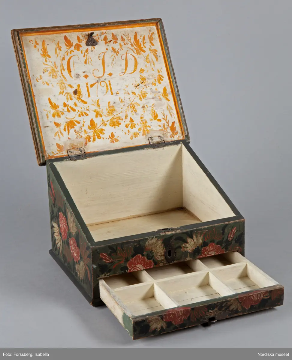 Inventering Sesam 1997-1998:
B 30, Djup 23,5, H 20 cm
Skrin, nästan kvadratiskt, med pulpetlock, av barrträ. Utanpåliggande botten, fästad underifrån med skruvar (antagligen senare ditsatt). Sidorna ihopfogade genom sinkning.
Locket har skurna profillister limmade på kanterna, två enkla gångjärn fästade invändigt.
Utanpåliggande lås, låssprint av järn i locket, nyckelskylt av järn, med nyckel.
Låda som drags ut på framsidan, limmad botten, sinkade hörn, avdelad i sex fack, handtag av järnband fästat runt bottenkanten.
Utvändigt målad blomsterdekor på locket och samtliga sidor i rött, vitt, grönt och svart på blå botten, lådans förstycke målat i samma färger för att passa in med dekoren på framsidan.
Invändigt målat i vitt, locket med växtmotiv i gult samt " CJD 1791 ", även lådan vitmålad invändigt.
Skrinet har låga, trekantiga fötter av trä limmade i hörnen under botten.
Lådans botten spräckt på två ställen.
Enligt huvudliggaren innehöll skrinet en ring, två par handskar och två böcker (inv.nr. 258.413-416).
Agnetha Blomberg 1998