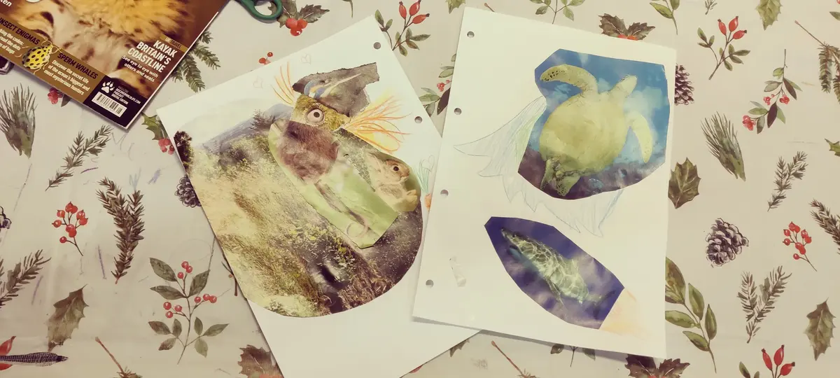 Foto av to ferdige naturcollage som ligger på et bord.