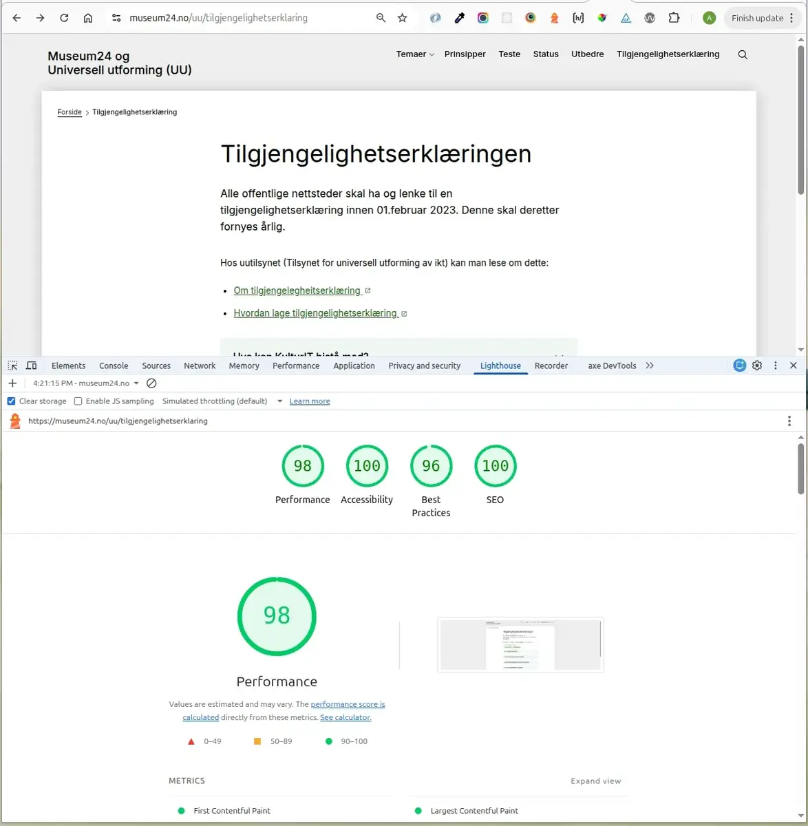 Bildet viser resutater ved Lighthousetest av sidene