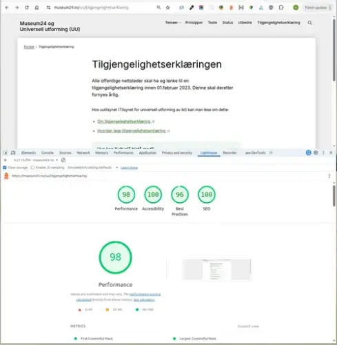 Bildet viser resutater ved Lighthousetest av sidene