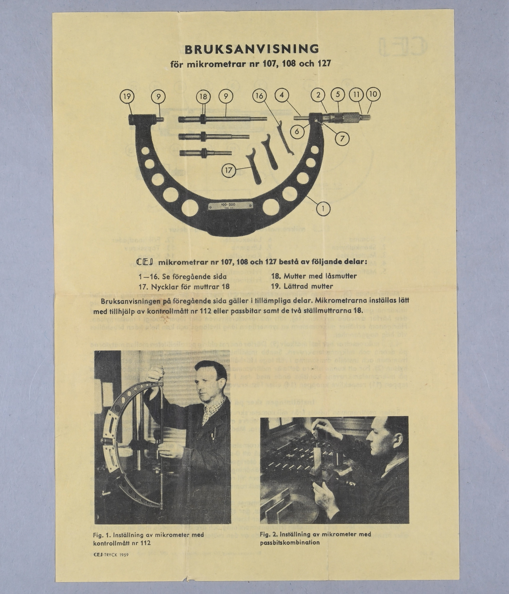 Prov på mikrometer från Aktiebolaget C. E. Johansson, Eskilstuna. Medföljande låda med märkning: "CEJ eskilstuna Sweden, 98 25", bruksanvisning och en medföljande nyckel.