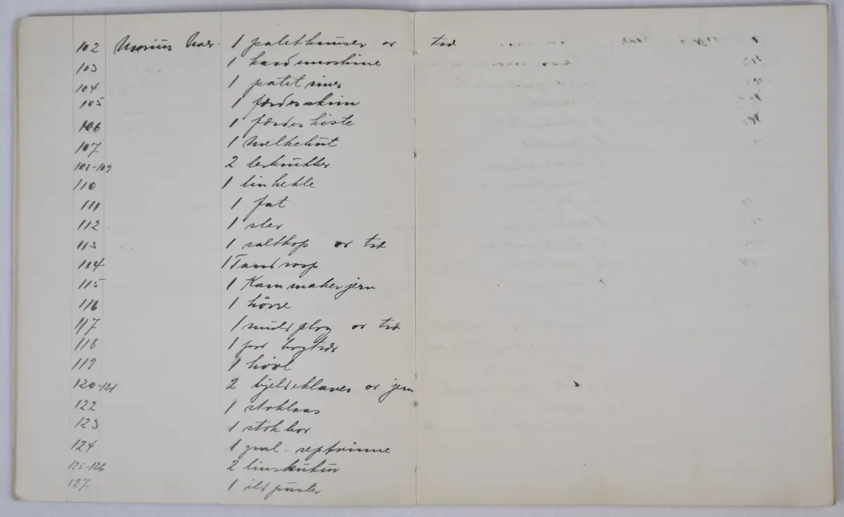 Protokoll med merkelappen «Kongsvinger folkemuseum». Den inneholder «Fortegnelse over gjenstandene i K.v. museum», med 160 innsamlede gjenstander fra 1915 og 1916, samt 3 gjenstander fra 1925.