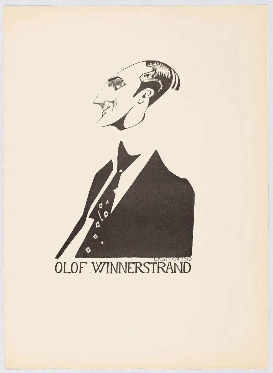 Bystbild av man i profil till vänster. Han är klädd i svart kavaj, vit skjorta och mönstrad svart slips.