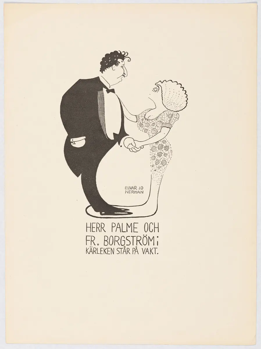Till vänster en man avbildad i profil vänd till höger. Han är klädd i frack och lackskor. Han har mustasch och lockig kort frisyr. Vänd mot honom står en kvinna i profil vänd till vänster och har sin hand i mannens dito. Hon är iklädd fotsida klänning med kort ärm, djup urringning och släp. Mannen står på släpet.
