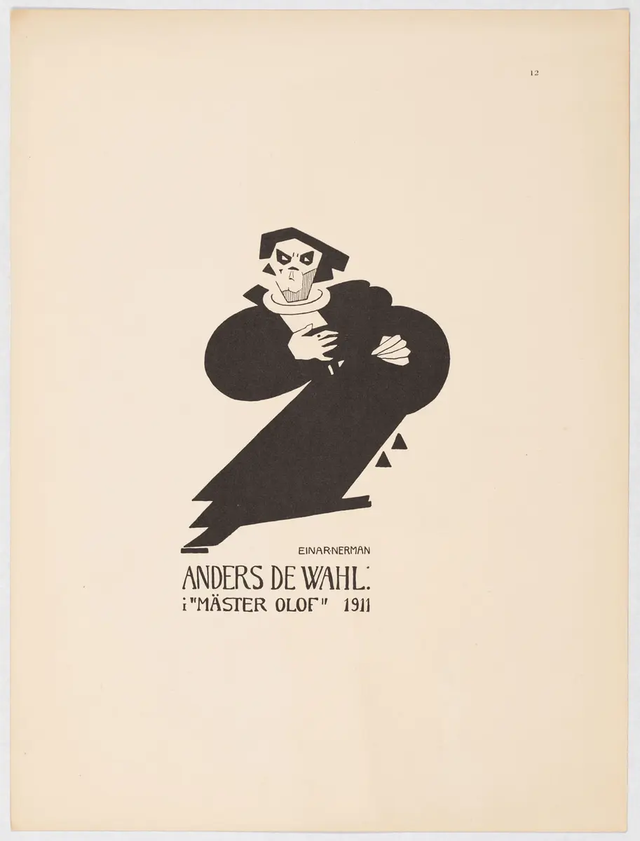 Svartklädd man sedd framifrån avbildad i helfigur. Han bär en hatt och håller höger hand mot bröstet.