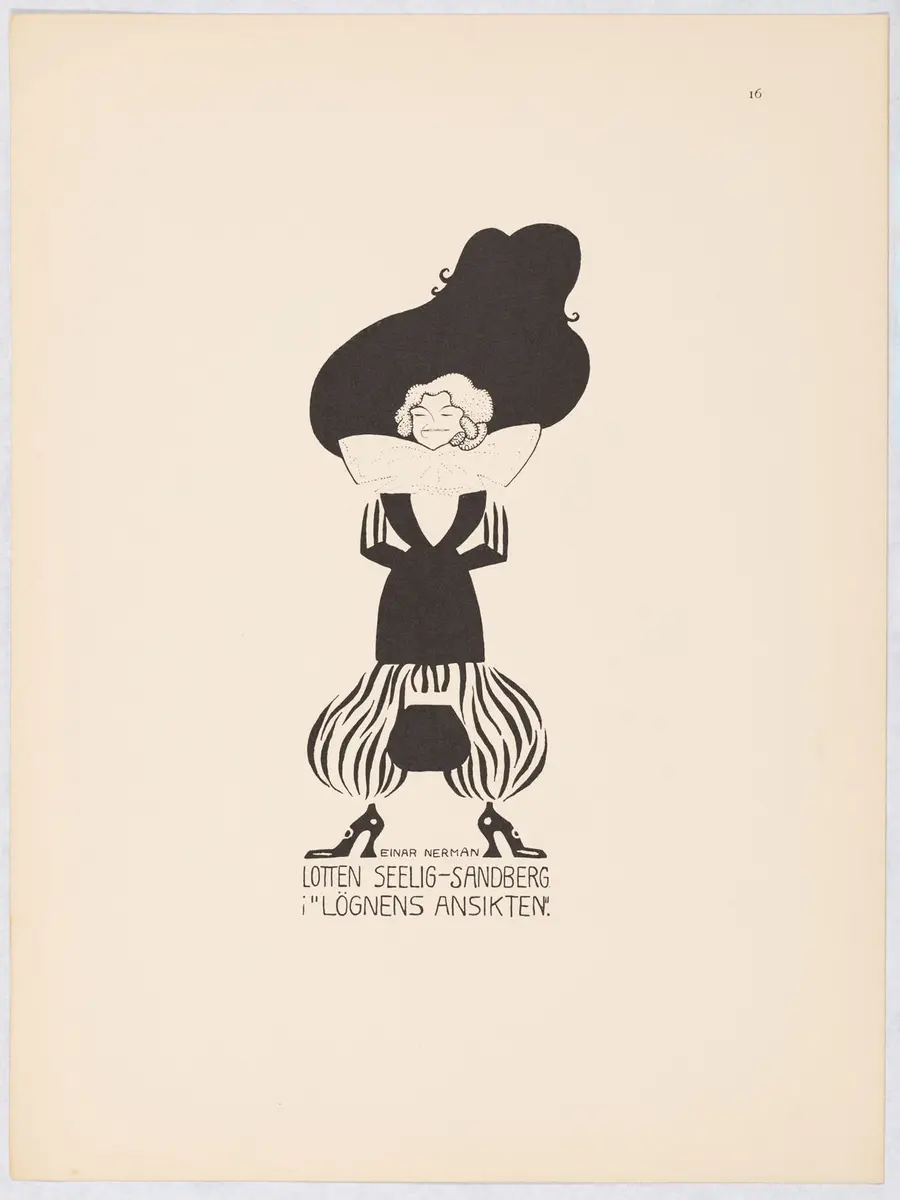 Kvinna avbildad i helfigur framifrån. Hon är klädd i randig byxkjol, svart dräktjacka och hatt. I halsen bär hon en stor vit rosett och i händerna har hon en handväska.